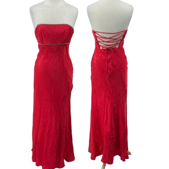 Vintage 90s Maxi Gown Strapless Corset Lace Up Open Back Iridescent Red Womens S - Picture 2 of 14